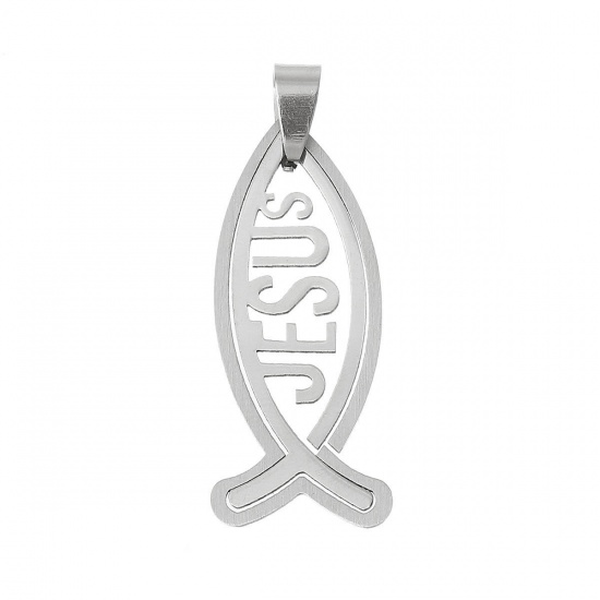 304ステンレス鋼 ペンダント 動物 イクトゥス シルバートーン 文字" Jesus "彫刻 40mm x 14mm、 5 個 の画像