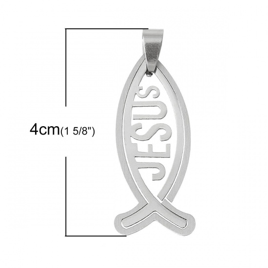 304ステンレス鋼 ペンダント 動物 イクトゥス シルバートーン 文字" Jesus "彫刻 40mm x 14mm、 5 個 の画像