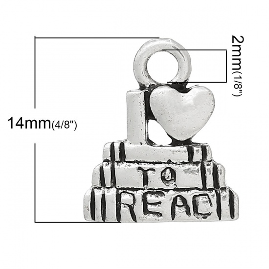 Immagine di Lega di Zinco Charm Ciondoli Irregolare Argento Antico Lettere Disegno Messaggio " I Love To Read " 14mm x 12mm , 250 Pz