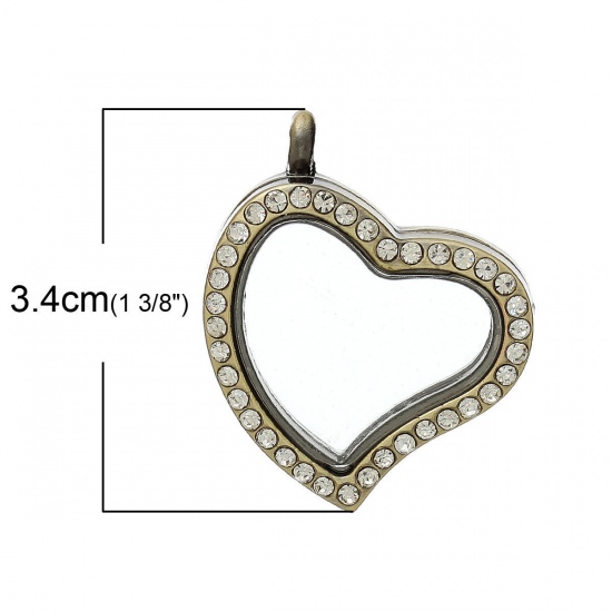 Picture of Zinc Based Alloy Floating Living Memory Glass Locket Pendants Heart Antique Bronze Clear Rhinestone Magnetic Can Open 34mm(1 3/8") x 29mm(1 1/8"), 1 Piece