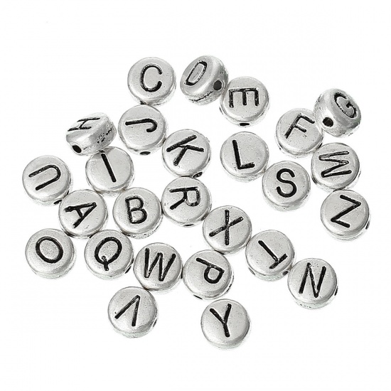 Picture of Zinc Based Alloy Spacer Beads Flat Round Antique Silver Color Mixed Alphabet /Letter "A-Z" Carved About 7mm Dia, Hole:Approx 1.2mm, 130 PCs