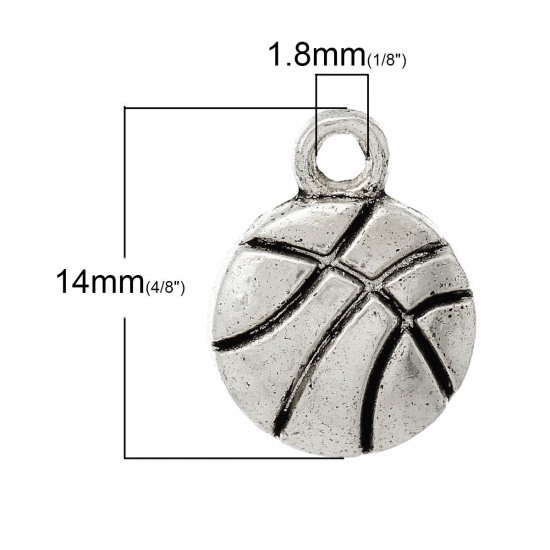 亜鉛合金 スポーツ ペンダント バスケットボール 銀古美 14mm x 11mm、 100 個 の画像