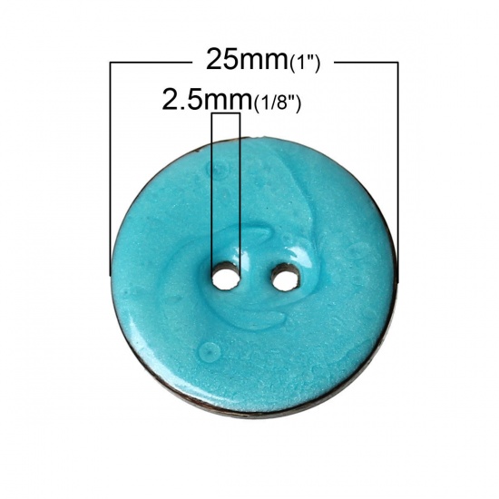 Picture of Handmade Natural Coconut Shell Sewing Buttons Scrapbooking 2 Holes Round Lightblue Enamel 25mm(1") Dia, 10 PCs