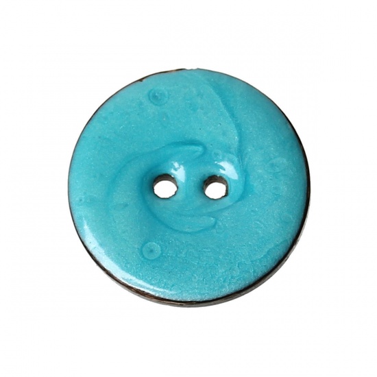 Picture of Handmade Natural Coconut Shell Sewing Buttons Scrapbooking 2 Holes Round Lightblue Enamel 25mm(1") Dia, 10 PCs