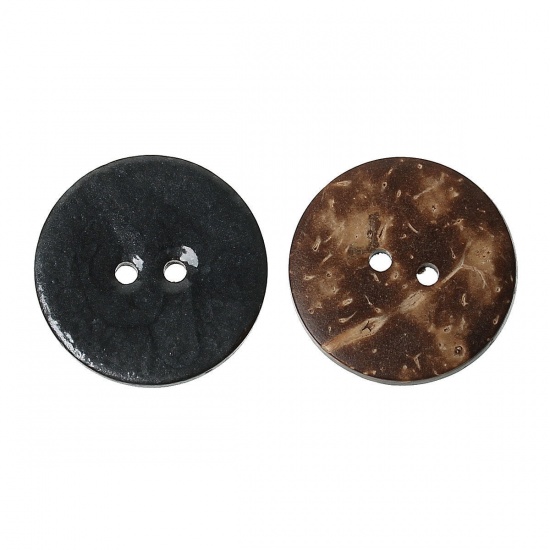 Picture of Handmade Natural Coconut Shell Sewing Buttons Scrapbooking 2 Holes Round Dark Gray Enamel 25mm(1") Dia, 10 PCs