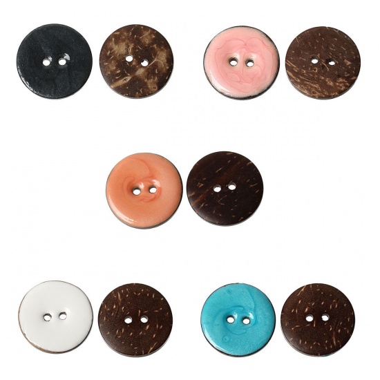 Picture of Handmade Natural Coconut Shell Sewing Buttons Scrapbooking 2 Holes Round Mixed Color Enamel 25mm(1") Dia, 10 PCs