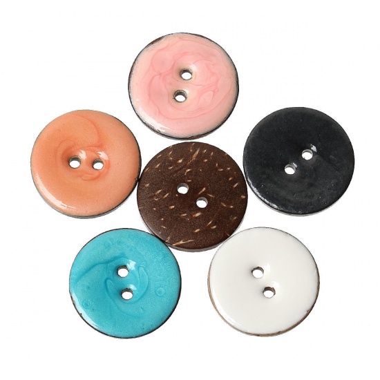 Picture of Handmade Natural Coconut Shell Sewing Buttons Scrapbooking 2 Holes Round Mixed Color Enamel 25mm(1") Dia, 10 PCs