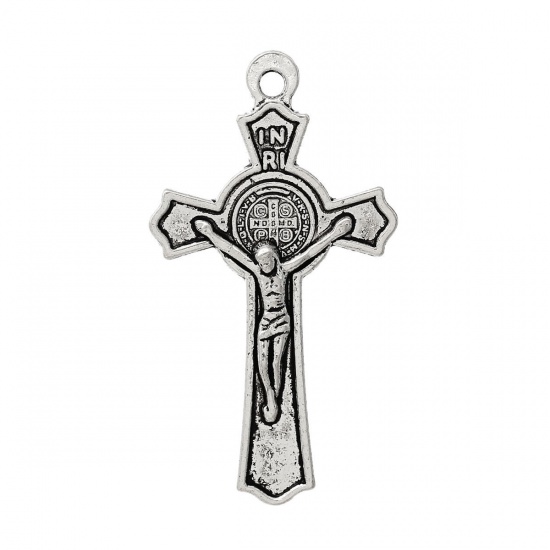 Picture of Zinc Based Alloy Easter Pendants Cross Antique Silver Color Jesus Message " INRI " Carved 51mm(2") x 28mm(1 1/8"), 30 PCs