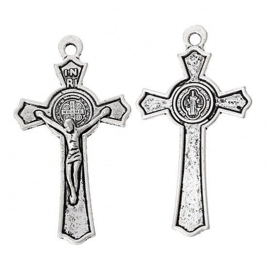 Picture of Zinc Based Alloy Easter Pendants Cross Antique Silver Color Jesus Message " INRI " Carved 51mm(2") x 28mm(1 1/8"), 30 PCs