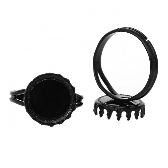 Picture of Brass Adjustable Cabochon Settings Rings Round Black (Fits 12mm Dia) 16.7mm( 5/8")(US Size 6.25), 10 PCs