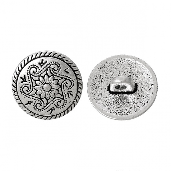 Picture of Zinc Based Alloy Metal Sewing Shank Buttons Round Antique Silver Color Flower Carved 15mm( 5/8") Dia, 100 PCs