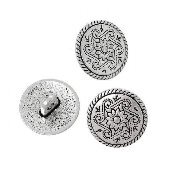 Picture of Zinc Based Alloy Metal Sewing Shank Buttons Round Antique Silver Color Flower Carved 15mm( 5/8") Dia, 100 PCs