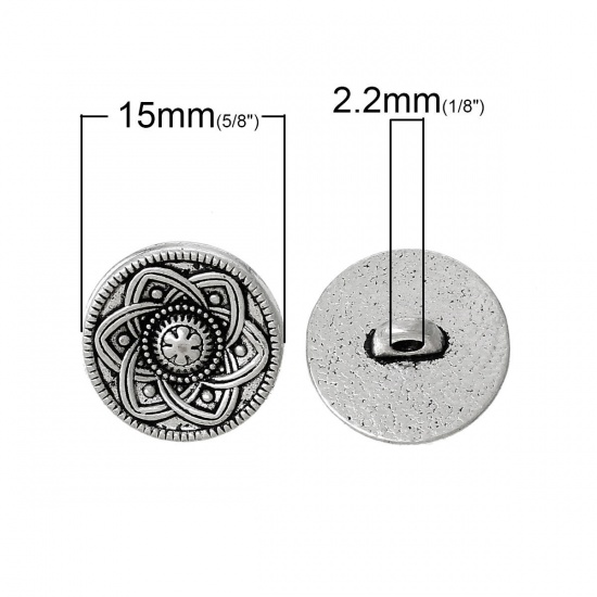 Picture of Zinc Based Alloy Metal Sewing Shank Buttons Round Antique Silver Color Flower Carved 15mm( 5/8") Dia, 30 PCs