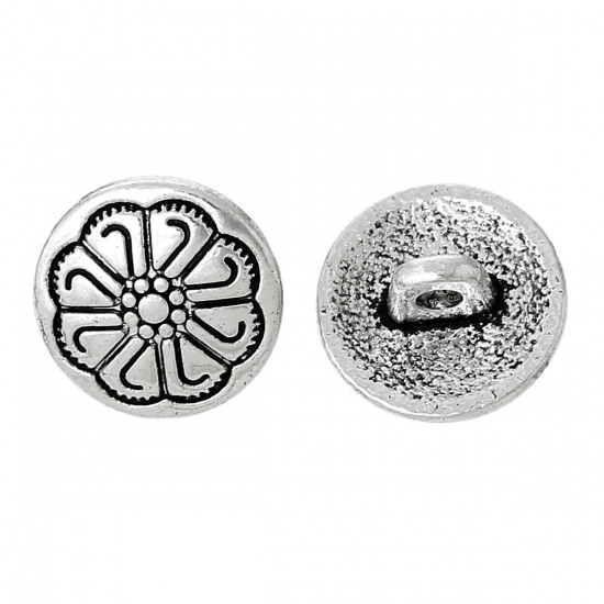Picture of Zinc Based Alloy Metal Sewing Shank Buttons Round Antique Silver Color Flower Carved 12mm( 4/8") Dia, 50 PCs