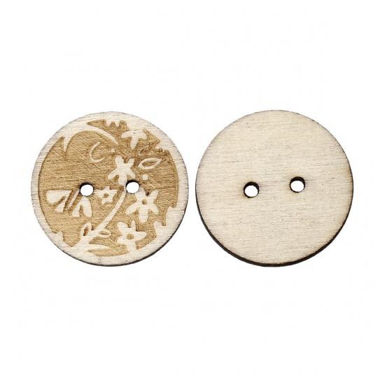 Picture of Natural Wood Sewing Buttons Scrapbooking Round 2 Holes Flower Pattern 25mm(1") Dia, 100 PCs