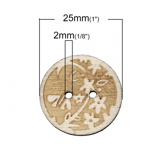 Picture of Natural Wood Sewing Buttons Scrapbooking Round 2 Holes Flower Pattern 25mm(1") Dia, 100 PCs