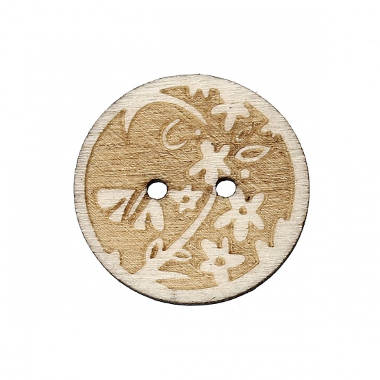 Picture of Natural Wood Sewing Buttons Scrapbooking Round 2 Holes Flower Pattern 25mm(1") Dia, 100 PCs