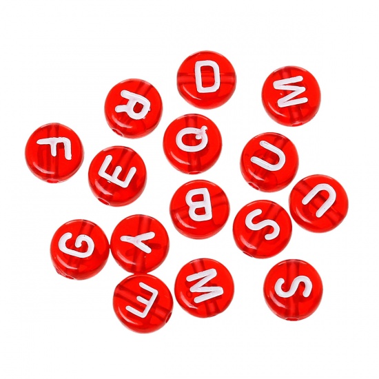 Picture of Acrylic Spacer Beads Flat Round Red At Random Alphabet/ Letter "A-Z" About 7mm Dia, Hole: Approx 1.3mm, 500 PCs