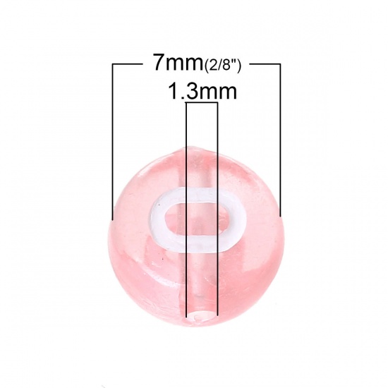 Picture of Acrylic Spacer Beads Flat Round Pink At Random Alphabet/ Letter "A-Z" About 7mm Dia, Hole: Approx 1.3mm, 500 PCs