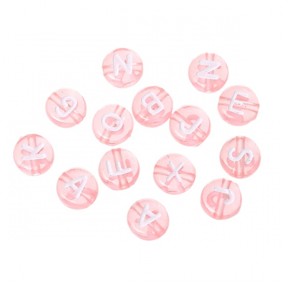 Picture of Acrylic Spacer Beads Flat Round Pink At Random Alphabet/ Letter "A-Z" About 7mm Dia, Hole: Approx 1.3mm, 500 PCs