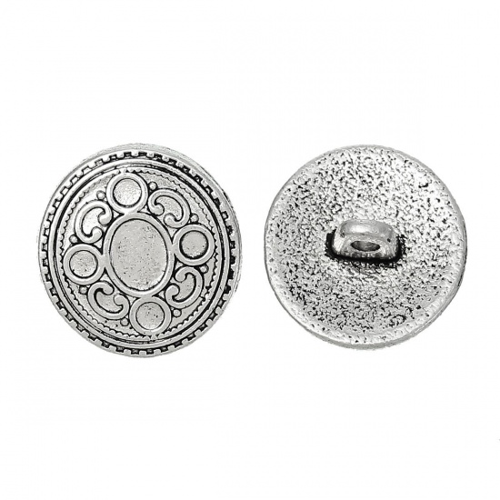 Picture of Zinc Based Alloy Metal Sewing Shank Buttons Round Antique Silver Color Circle Carved 17mm( 5/8") x 16.5mm( 5/8"), 20 PCs
