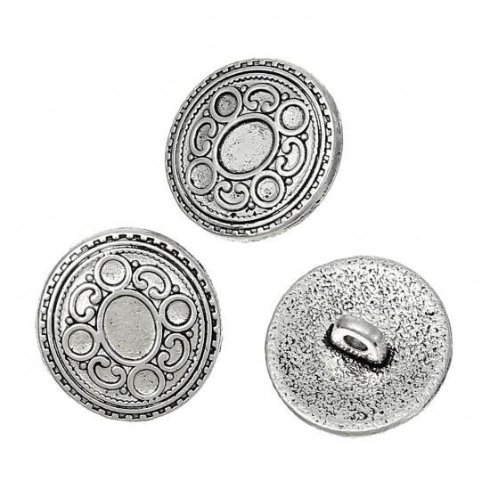 Picture of Zinc Based Alloy Metal Sewing Shank Buttons Round Antique Silver Color Circle Carved 17mm( 5/8") x 16.5mm( 5/8"), 20 PCs