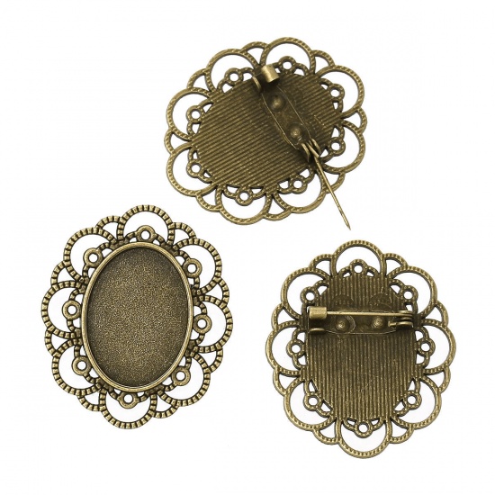 Bild von Zinklegierung Sicherheitsnadel Brosche Oval Bronzefarbe für 25mm x 18mm Cabochon, 4cm x 3.4cm, 10 Stücke