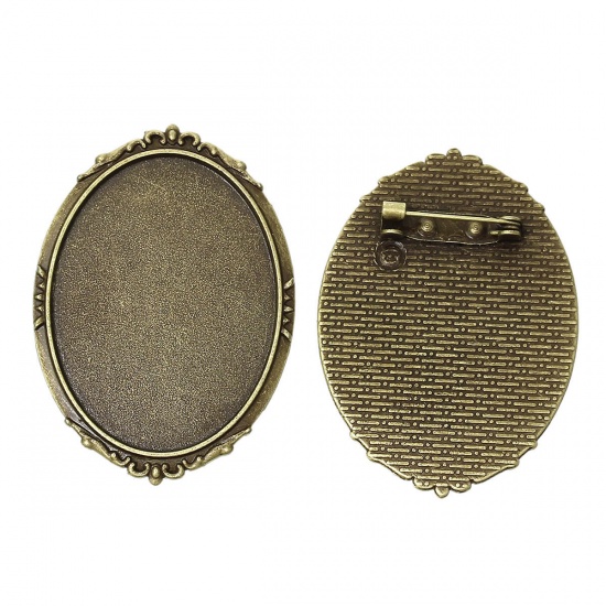 Picture of Zinc Based Alloy Pin Brooches Findings Oval Antique Bronze Cabochon Settings (Fits 4cm x 3cm) 4.9cm x 3.5cm(1 7/8" x1 3/8"), 10 PCs