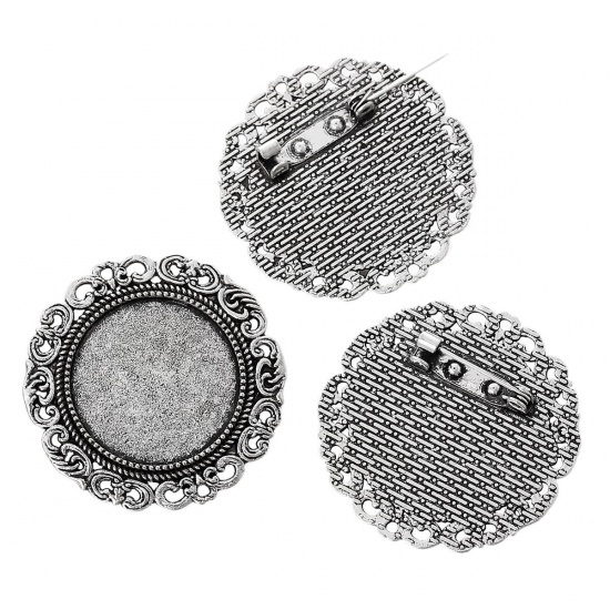 Picture of Zinc Based Alloy Pin Brooches Findings Round Antique Silver Color Cabochon Settings (Fits 25mm Dia.) 3.9cm(1 4/8") Dia., 10 PCs