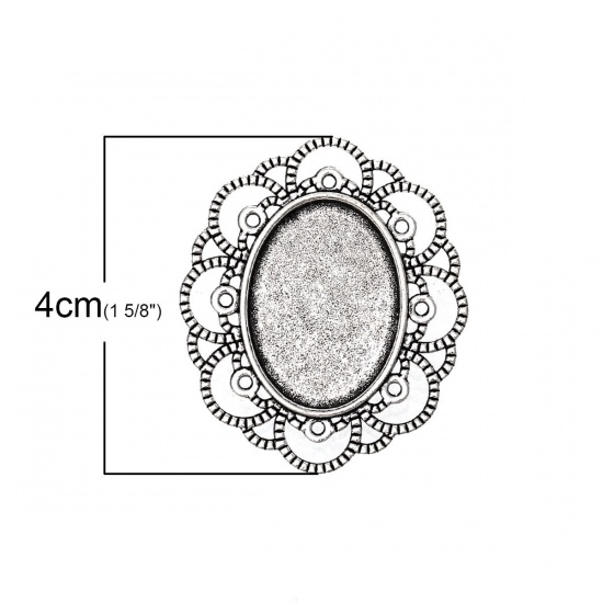 Immagine di Lega di Zinco Spilla Accessori Ovale Argento Antico Basi per Cabochon (Addetti 25mm x 18mm) 4cm x 3.4cm, 10 Pz