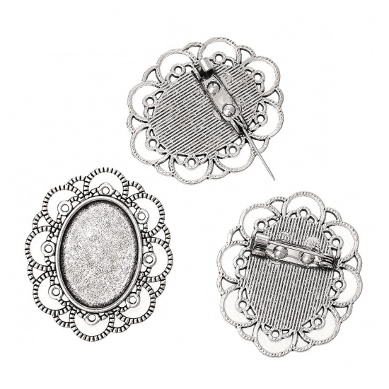 Immagine di Lega di Zinco Spilla Accessori Ovale Argento Antico Basi per Cabochon (Addetti 25mm x 18mm) 4cm x 3.4cm, 10 Pz