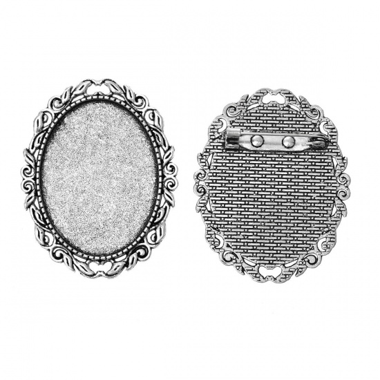 Immagine di Lega di Zinco Spilla Accessori Ovale Argento Antico Basi per Cabochon (Addetti 4cm x 3cm) 5.1cm x 4cm, 5 Pz