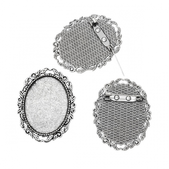 Immagine di Lega di Zinco Spilla Accessori Ovale Argento Antico Basi per Cabochon (Addetti 4cm x 3cm) 5.1cm x 4cm, 5 Pz