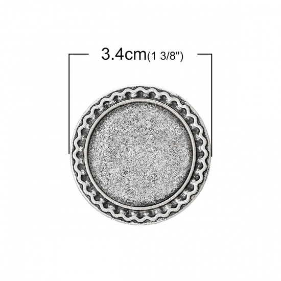 Picture of Zinc Based Alloy Pin Brooches Findings Round Antique Silver Color Cabochon Settings (Fits 25mm Dia.) 3.4cm(1 3/8") Dia., 10 PCs