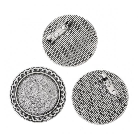 Immagine di Lega di Zinco Spilla Accessori Tondo Argento Antico Basi per Cabochon (Addetti 25mm) 3.4cm, 10 Pz