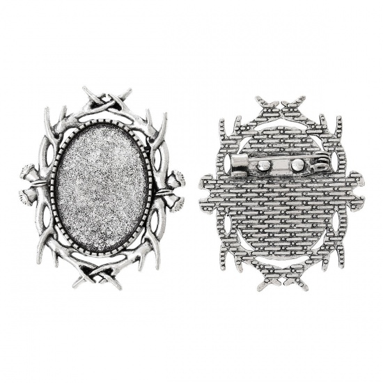 Immagine di Lega di Zinco Spilla Accessori Ovale Argento Antico Basi per Cabochon (Addetti 25mm x 18mm) 3.9cm x 3.2cm, 10 Pz