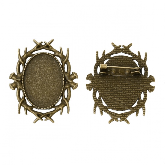 Picture of Zinc Based Alloy Pin Brooches Findings Oval Antique Bronze Branch Carved Cabochon Settings (Fits 25mm x 18mm) 3.9cm(1 4/8") x 3.2cm(1 2/8"), 10 PCs