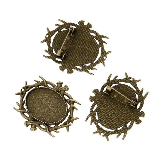 Picture of Zinc Based Alloy Pin Brooches Findings Oval Antique Bronze Branch Carved Cabochon Settings (Fits 25mm x 18mm) 3.9cm(1 4/8") x 3.2cm(1 2/8"), 10 PCs