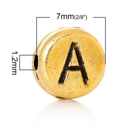 Picture of Zinc Based Alloy Spacer Beads Flat Round Gold Tone Antique Gold Alphabet /Letter "A" Carved About 7mm Dia, Hole:Approx 1.2mm, 100 PCs
