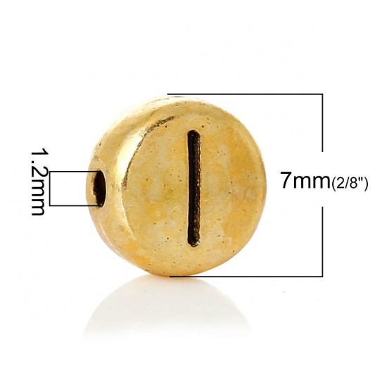 Picture of Zinc Based Alloy Spacer Beads Flat Round Gold Tone Antique Gold Alphabet /Letter "I" Carved About 7mm Dia, Hole:Approx 1.2mm, 100 PCs