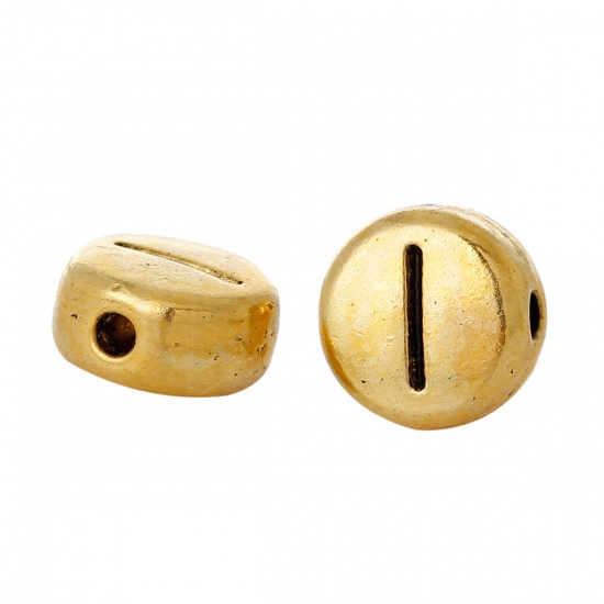 Picture of Zinc Based Alloy Spacer Beads Flat Round Gold Tone Antique Gold Alphabet /Letter "I" Carved About 7mm Dia, Hole:Approx 1.2mm, 100 PCs