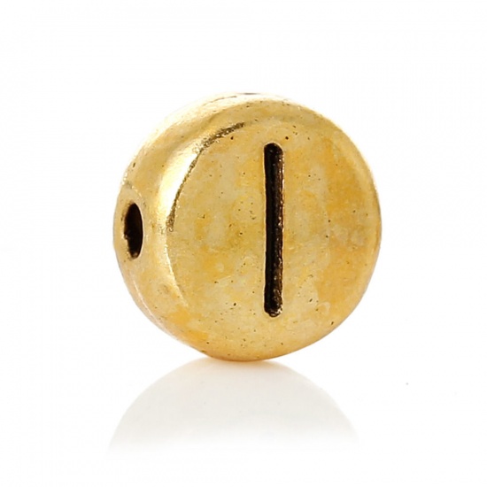 Picture of Zinc Based Alloy Spacer Beads Flat Round Gold Tone Antique Gold Alphabet /Letter "N" Carved About 7mm Dia, Hole:Approx 1.2mm, 100 PCs