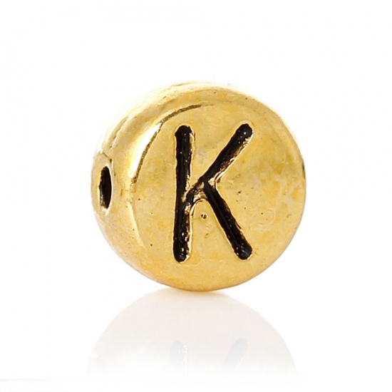 Picture of Zinc Based Alloy Spacer Beads Flat Round Gold Tone Antique Gold Alphabet /Letter "N" Carved About 7mm Dia, Hole:Approx 1.2mm, 100 PCs