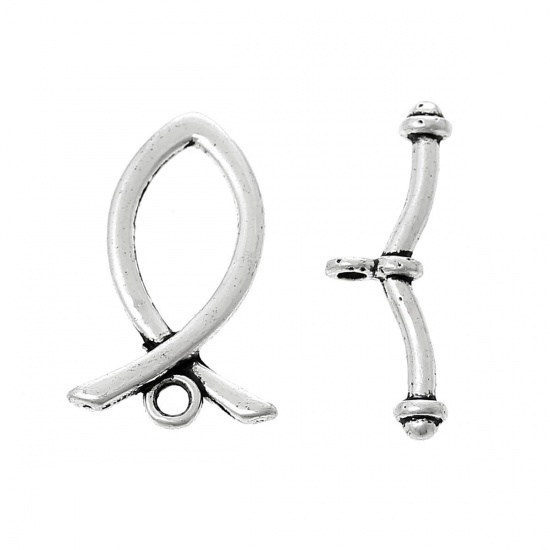 Picture of Zinc Based Alloy Toggle Clasps Fish Antique Silver Color 24mm x 15mm 25mm x 9mm, 50 Sets