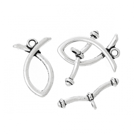 Picture of Zinc Based Alloy Toggle Clasps Fish Antique Silver Color 24mm x 15mm 25mm x 9mm, 50 Sets