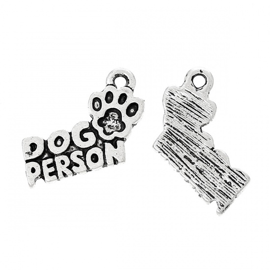 Picture of Zinc Based Alloy Charms Dog's Paw Antique Silver Color Message " Dog Person " Carved 18mm( 6/8") x 13mm( 4/8"), 50 PCs
