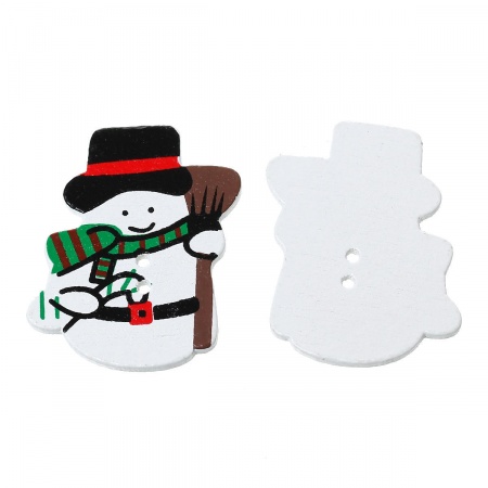 Natural Wood Sewing Buttons Scrapbooking 2 Holes Christmas Snowman White 33mm(1 2/8") x 29mm(1 1/8"), 5 PCs