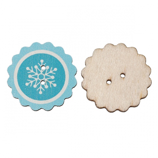 Picture of Wood Sewing Buttons Scrapbooking 2 Holes Round Blue Christmas Snowflake Pattern 28mm(1 1/8") Dia, 50 PCs