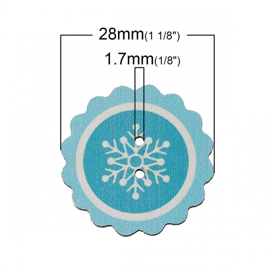 Picture of Wood Sewing Buttons Scrapbooking 2 Holes Round Blue Christmas Snowflake Pattern 28mm(1 1/8") Dia, 50 PCs