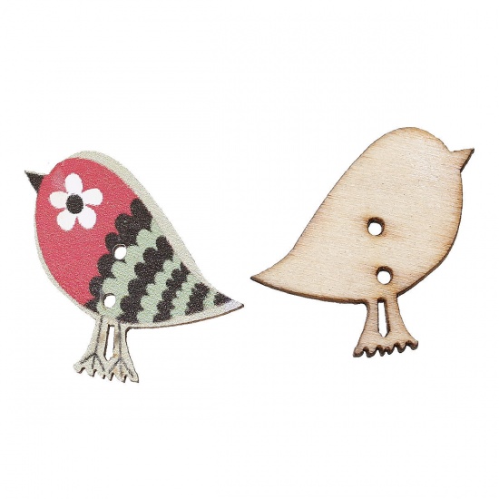 Picture of Wood Sewing Button Scrapbooking Bird Multicolor 2 Holes 30mm(1 1/8") x 27mm(1 1/8"), 50 PCs